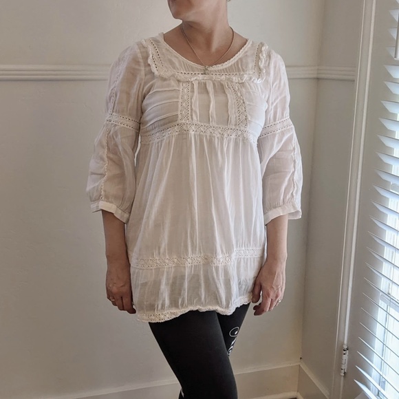 ZARA 🌸 Basic White 3/4 Sleeves Lace Embroidered Blouse Top Shirt Tunic - MED - Picture 3 of 10
